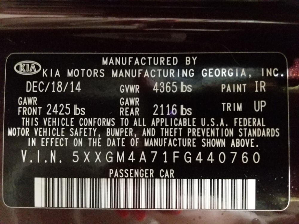 2015 Kia Optima - VIN Plate