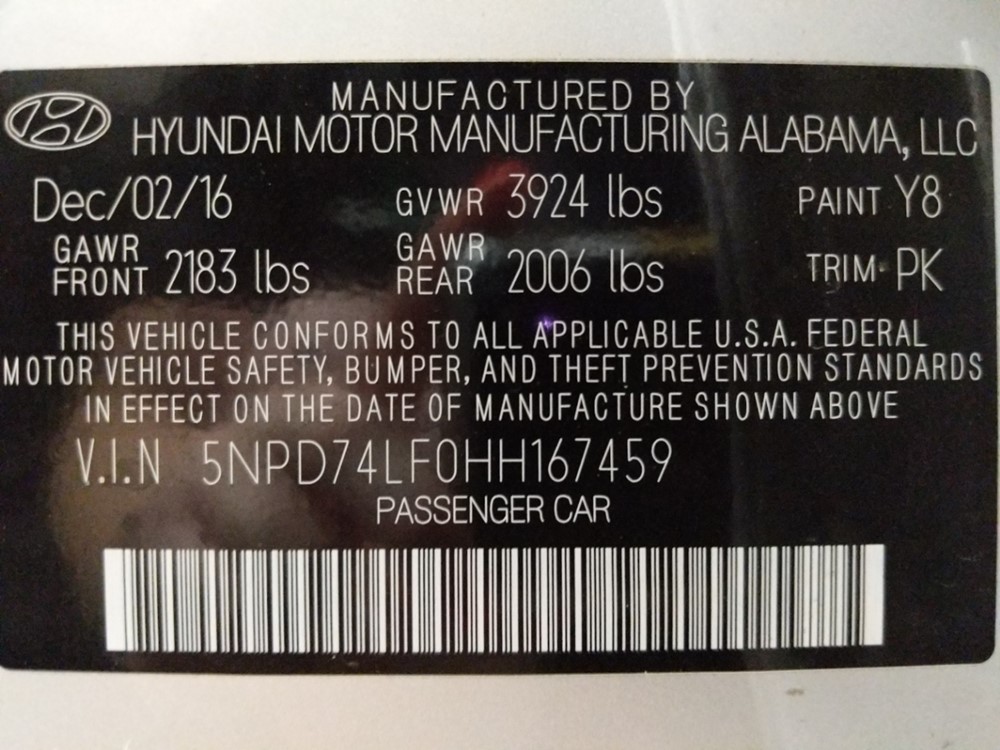 2017 Hyundai Elantra - VIN Plate