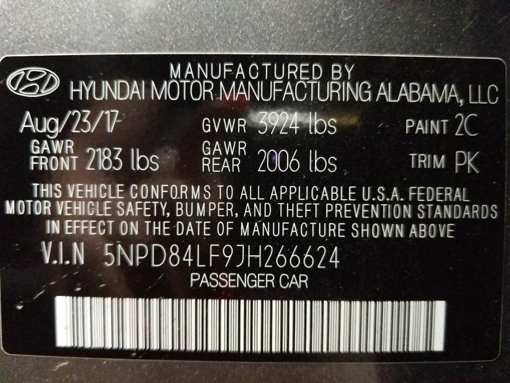 2018 Hyundai Elantra - VIN Plate