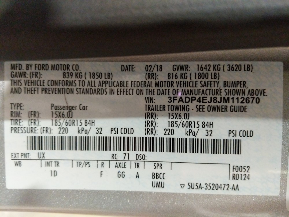 2018 Ford Fiesta - VIN Plate
