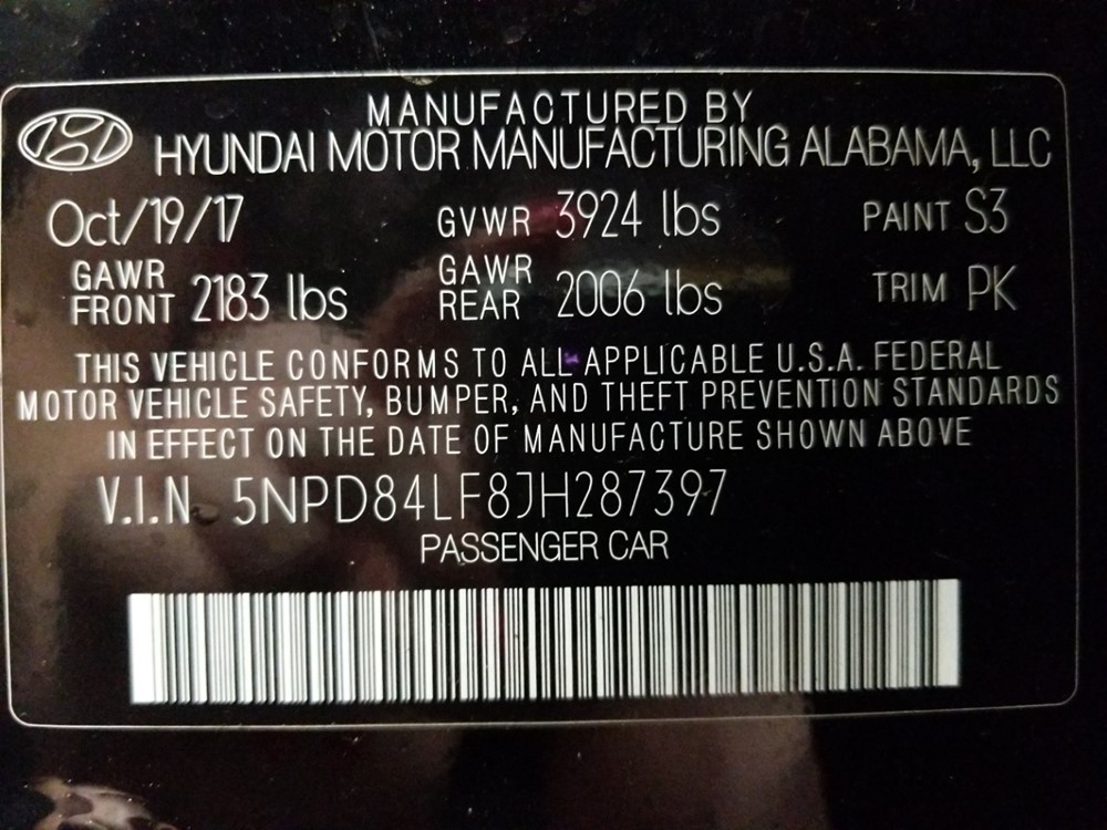2018 Hyundai Elantra - VIN Plate