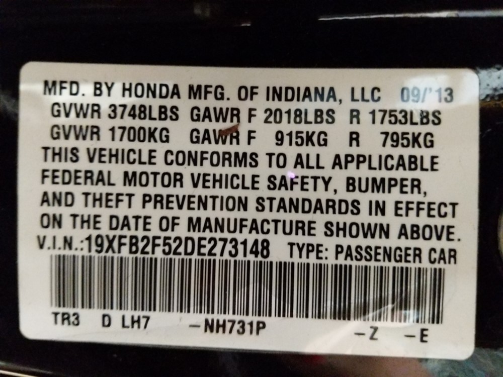 2013 Honda Civic - VIN Plate