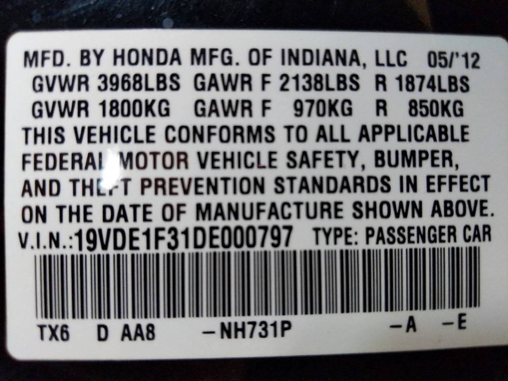 2013 Acura ILX - VIN Plate