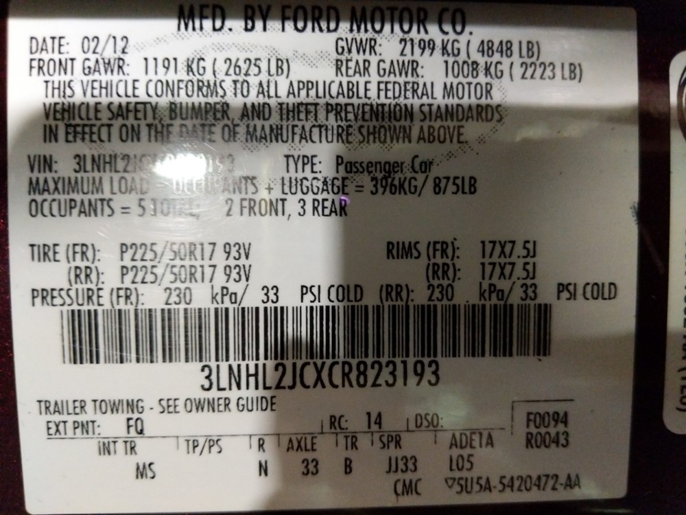 2012 Lincoln MKZ - VIN Plate