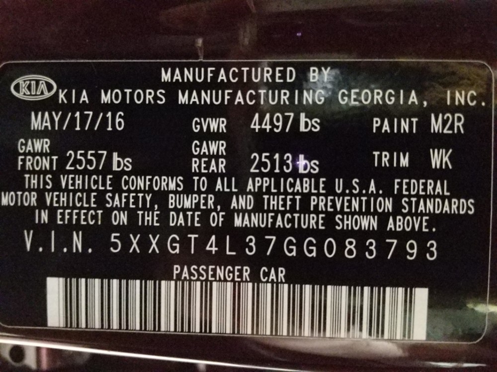 2016 Kia Optima - VIN Plate
