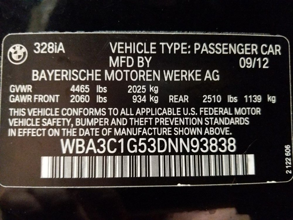 2013 BMW 328i - VIN Plate
