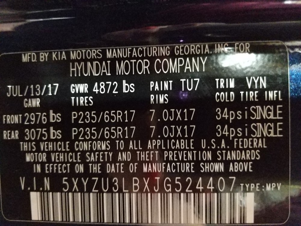 2018 Hyundai Santa Fe - VIN Plate