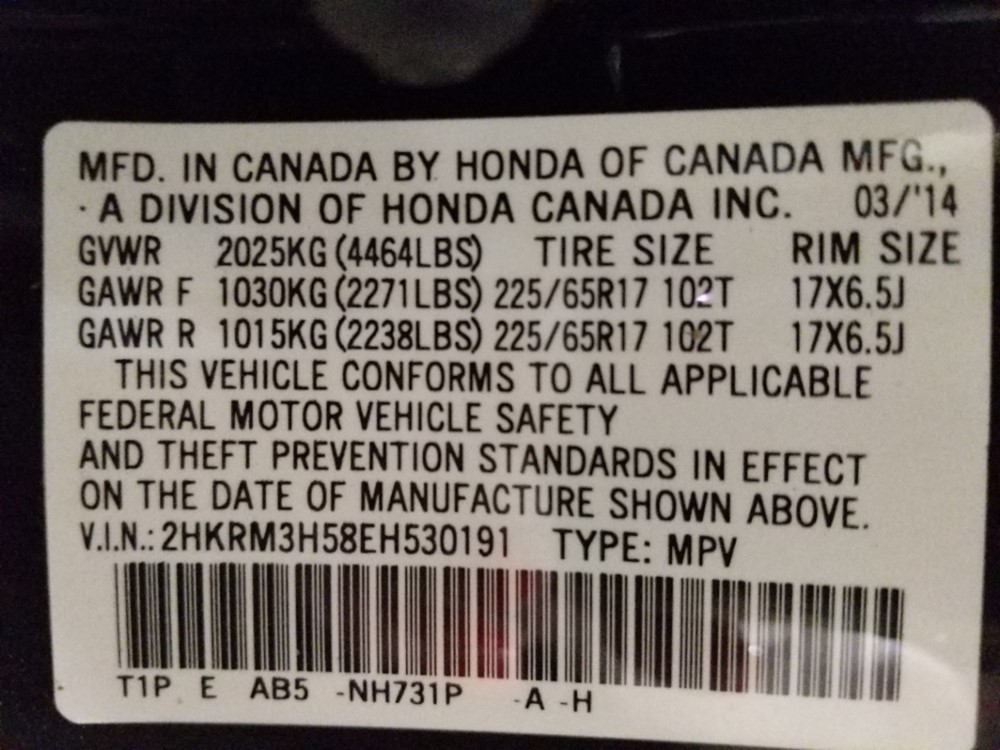 2014 Honda CR-V - VIN Plate