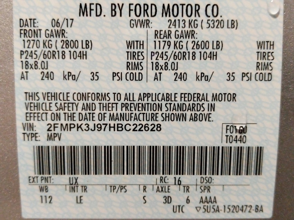 2017 Ford Edge - VIN Plate