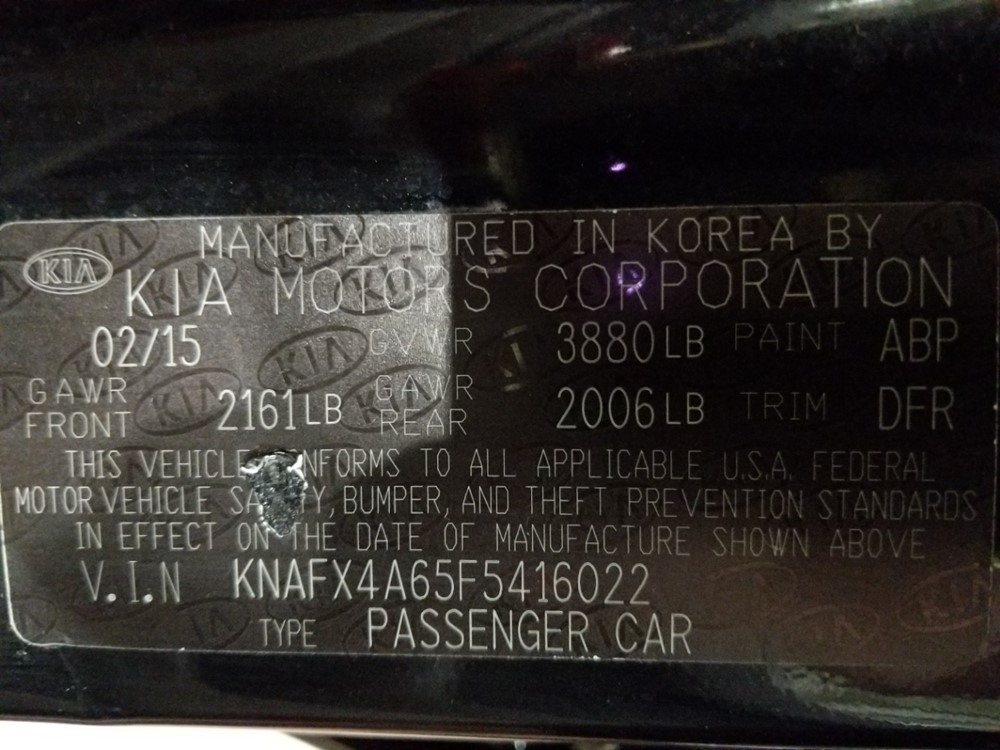 2015 Kia Forte - VIN Plate
