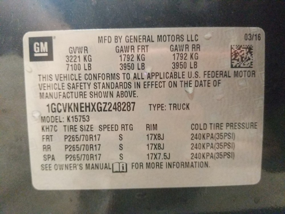 2016 Chevrolet Silverado 1500 - VIN Plate