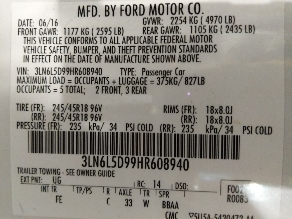 2017 Lincoln MKZ - VIN Plate