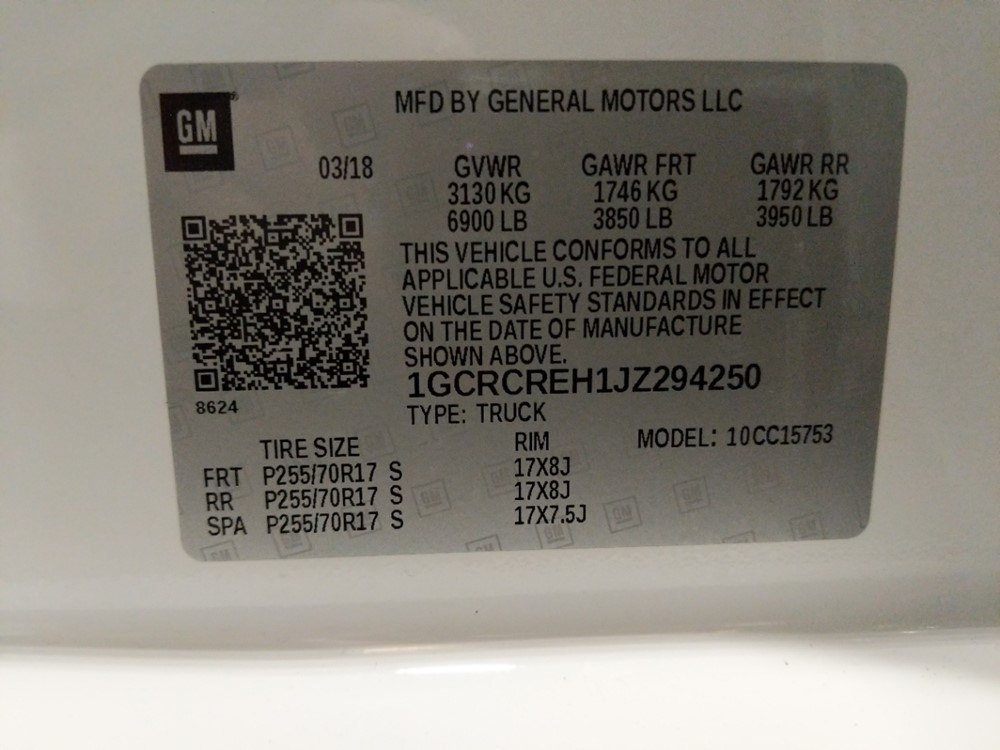 2018 Chevrolet Silverado 1500 - VIN Plate