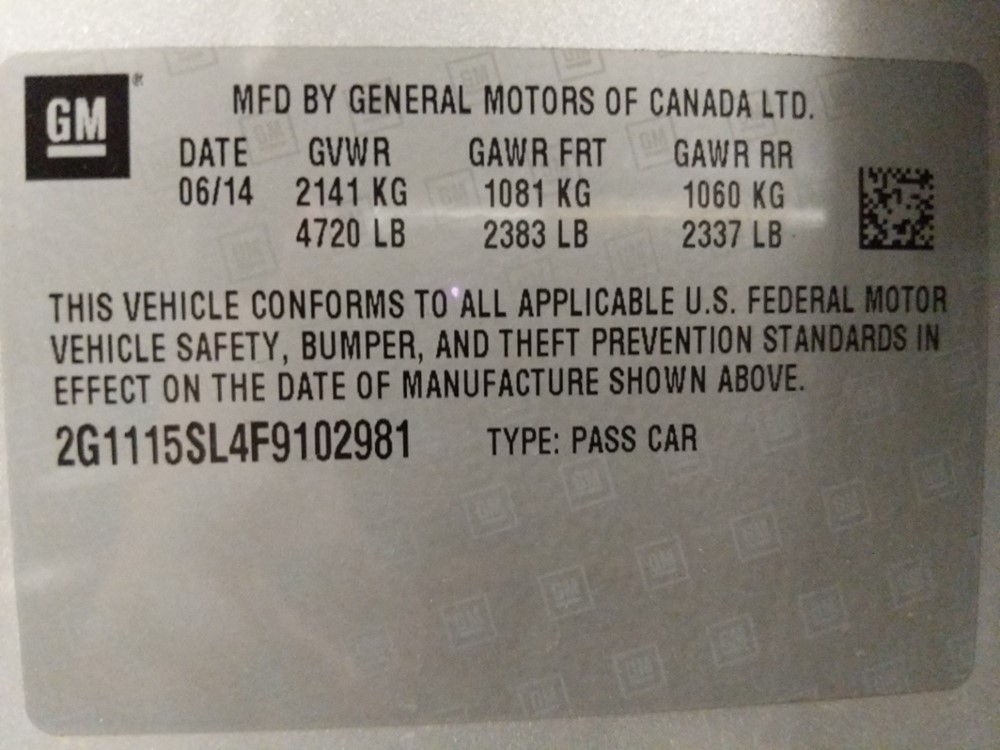 2015 Chevrolet Impala - VIN Plate