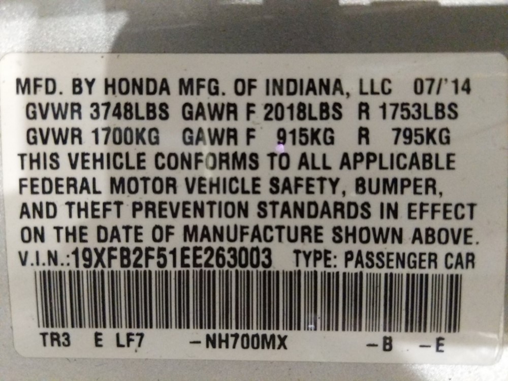 2014 Honda Civic - VIN Plate