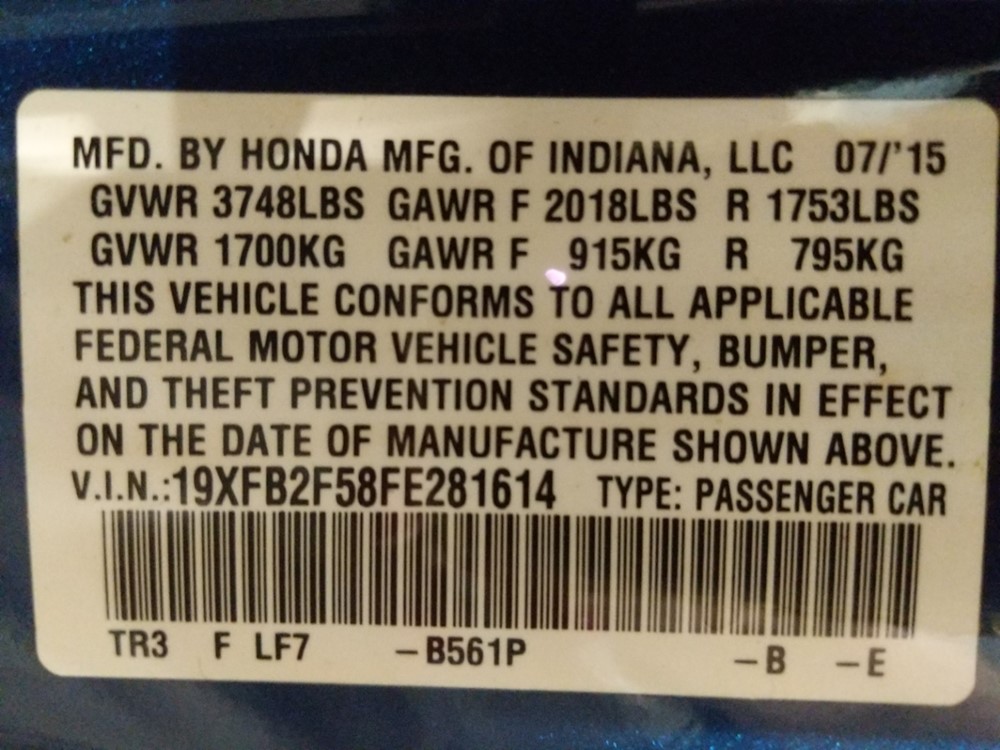 2015 Honda Civic - VIN Plate
