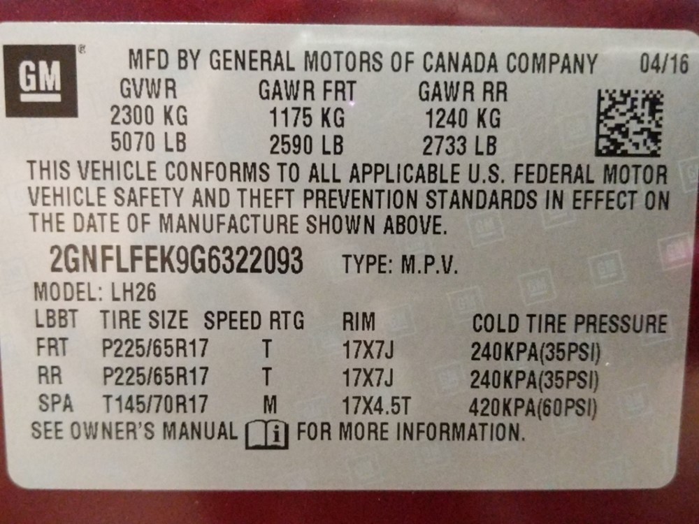 2016 Chevrolet Equinox - VIN Plate