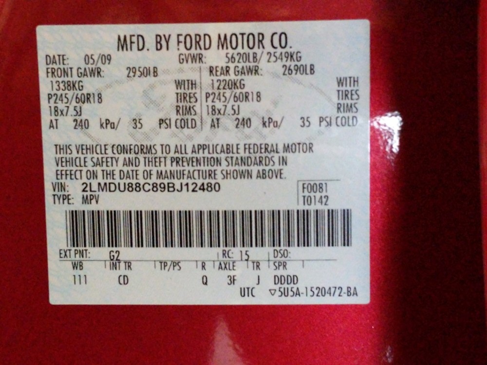 2009 Lincoln MKX - VIN Plate
