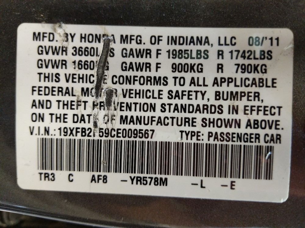 2012 Honda Civic - VIN Plate