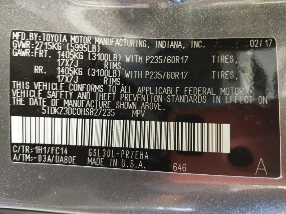 2017 Toyota Sienna - VIN Plate