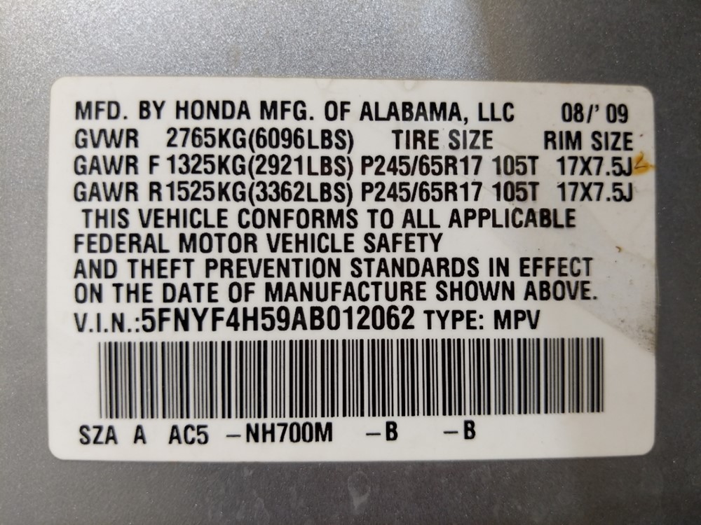 2010 Honda Pilot - VIN Plate