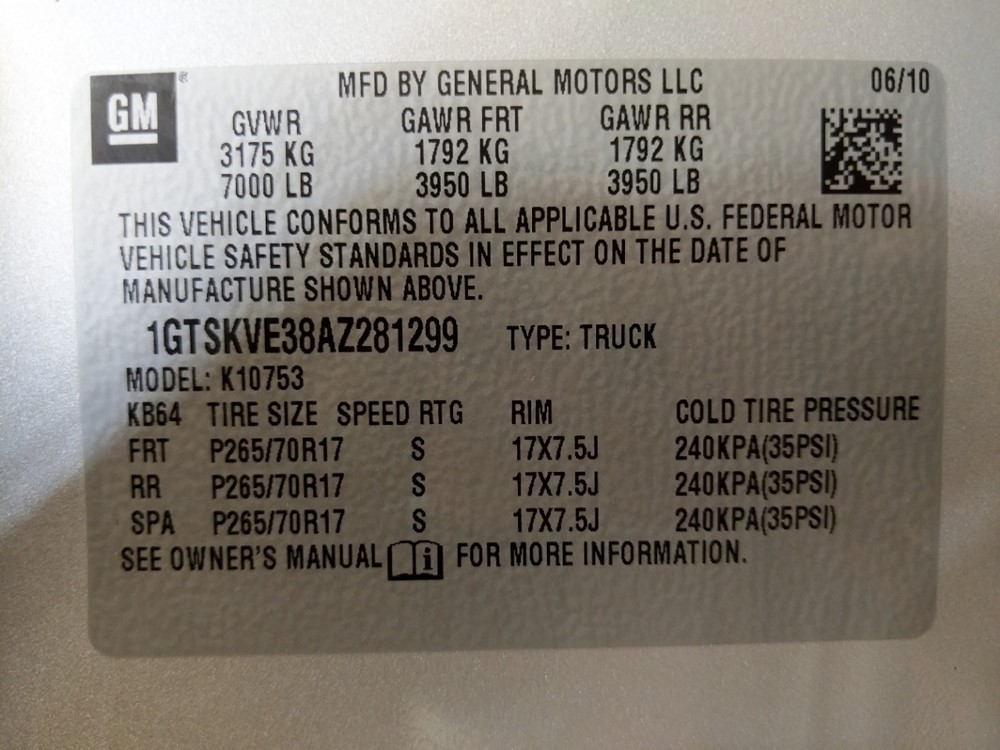 2010 GMC Sierra 1500 - VIN Plate