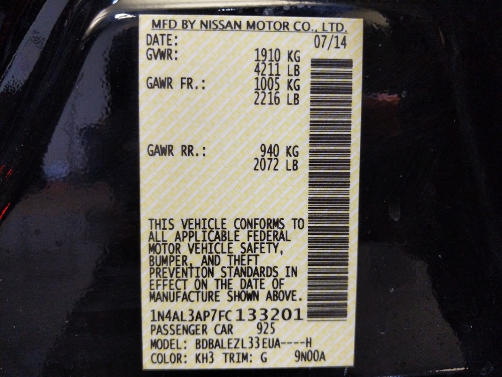 2015 Nissan Altima - VIN Plate