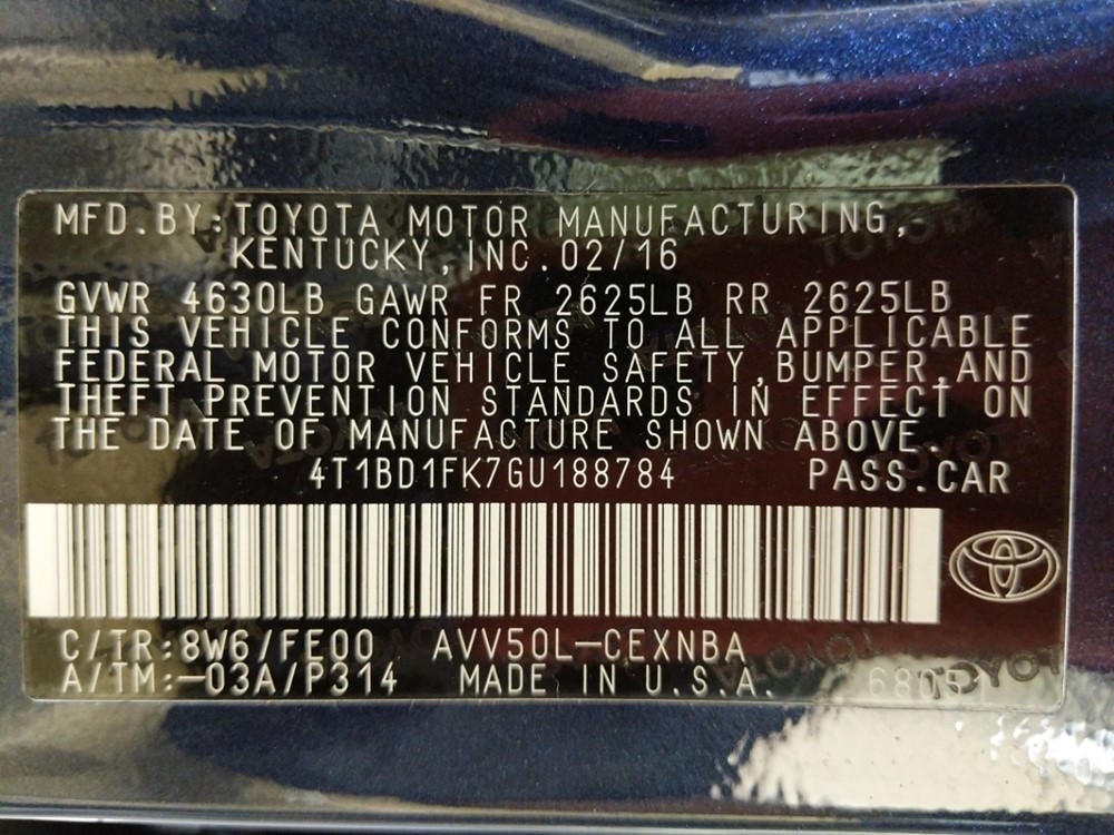 2016 Toyota Camry - VIN Plate