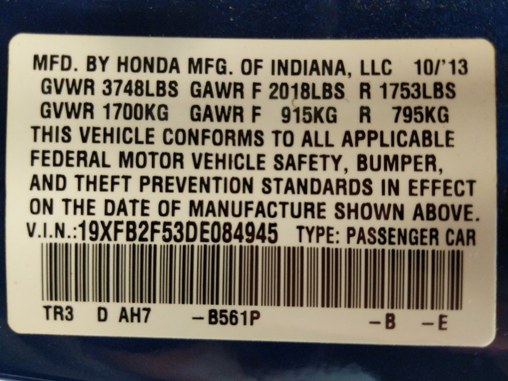 2013 Honda Civic - VIN Plate