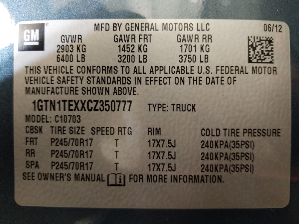 2012 GMC Sierra 1500 - VIN Plate