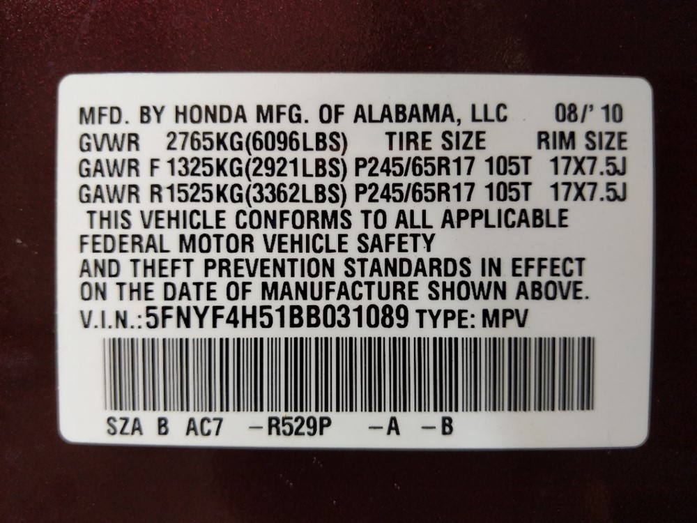 2011 Honda Pilot - VIN Plate