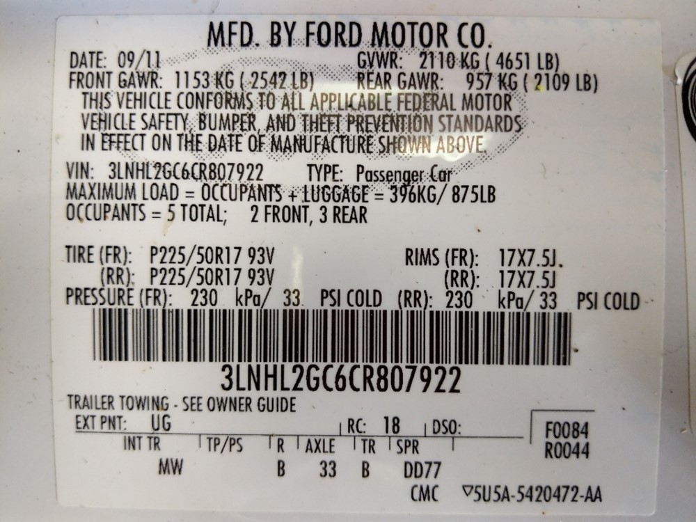 2012 Lincoln MKZ - VIN Plate