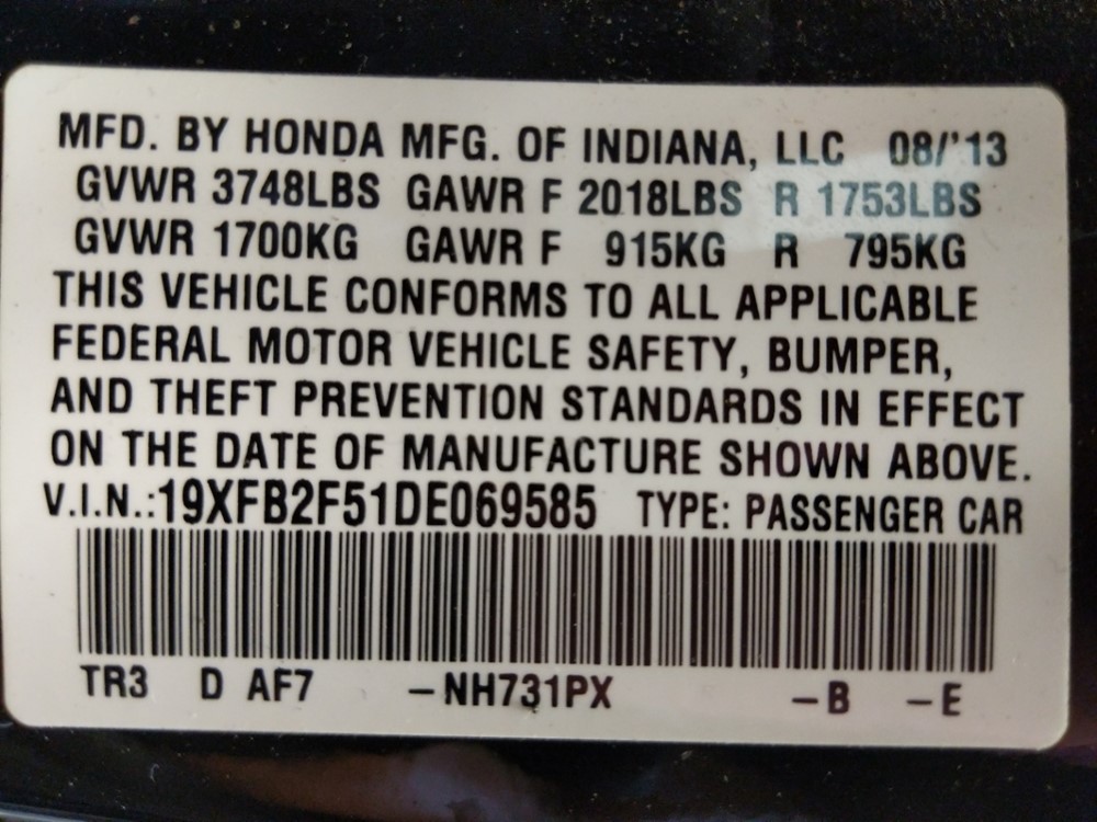 2013 Honda Civic - VIN Plate