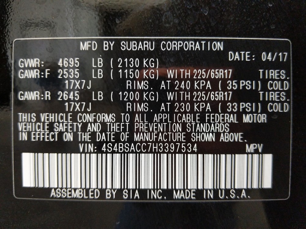 2017 Subaru Outback - VIN Plate