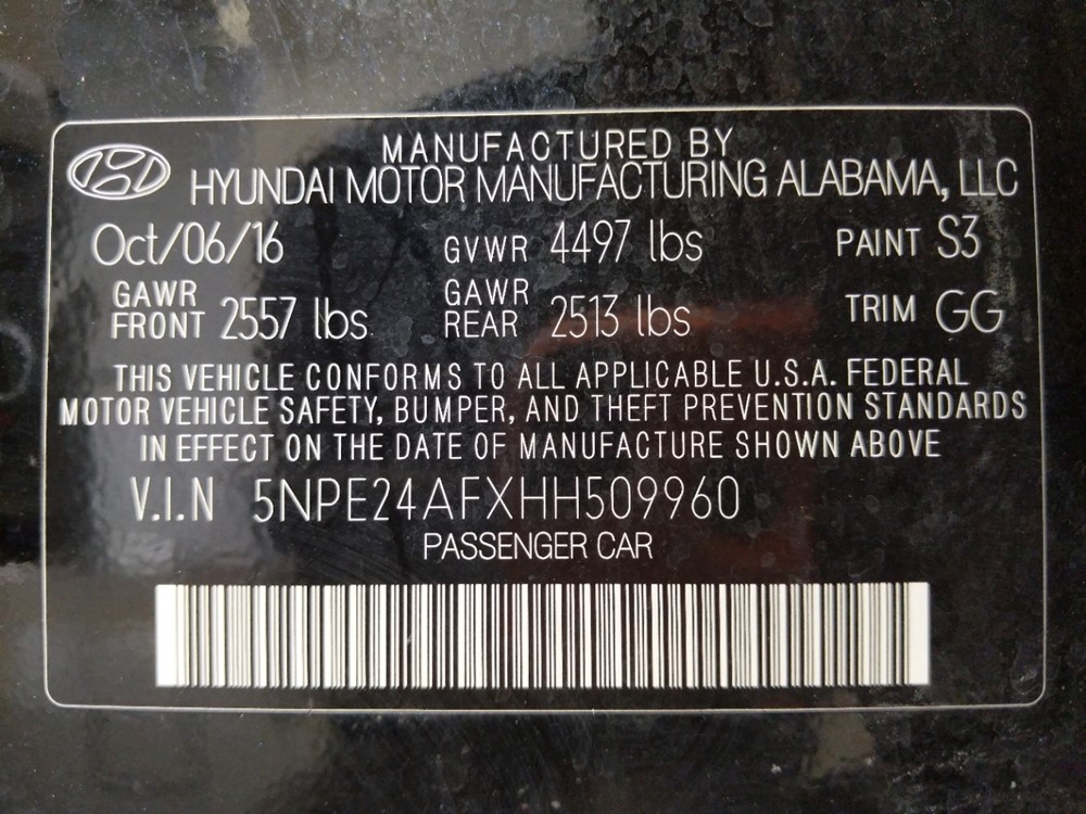 2017 Hyundai Sonata - VIN Plate