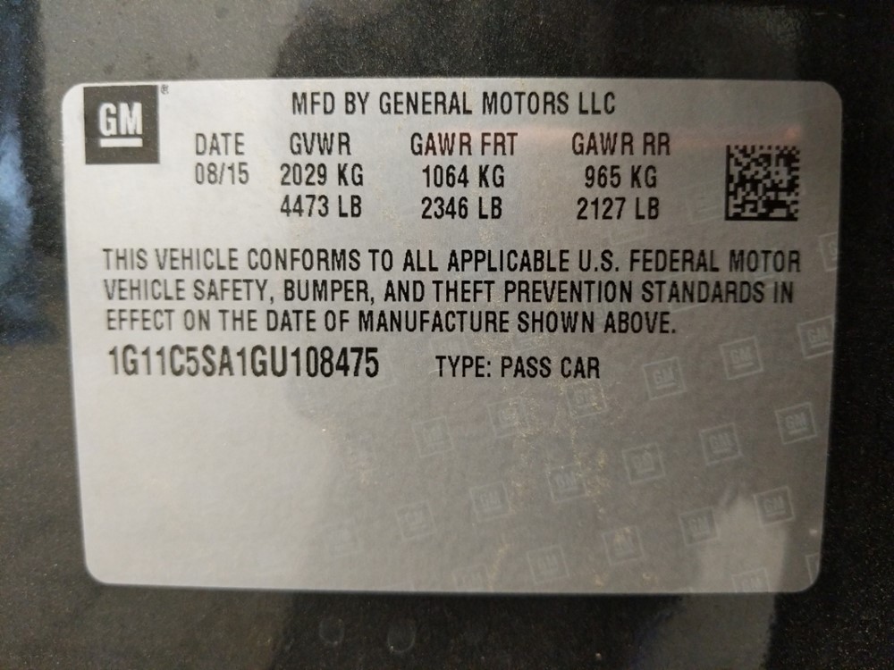 2016 Chevrolet Malibu - VIN Plate