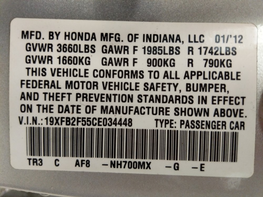 2012 Honda Civic - VIN Plate