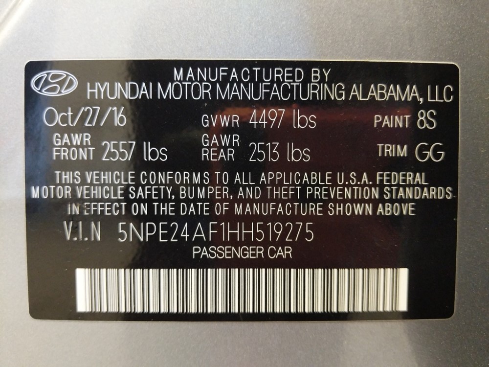 2017 Hyundai Sonata - VIN Plate