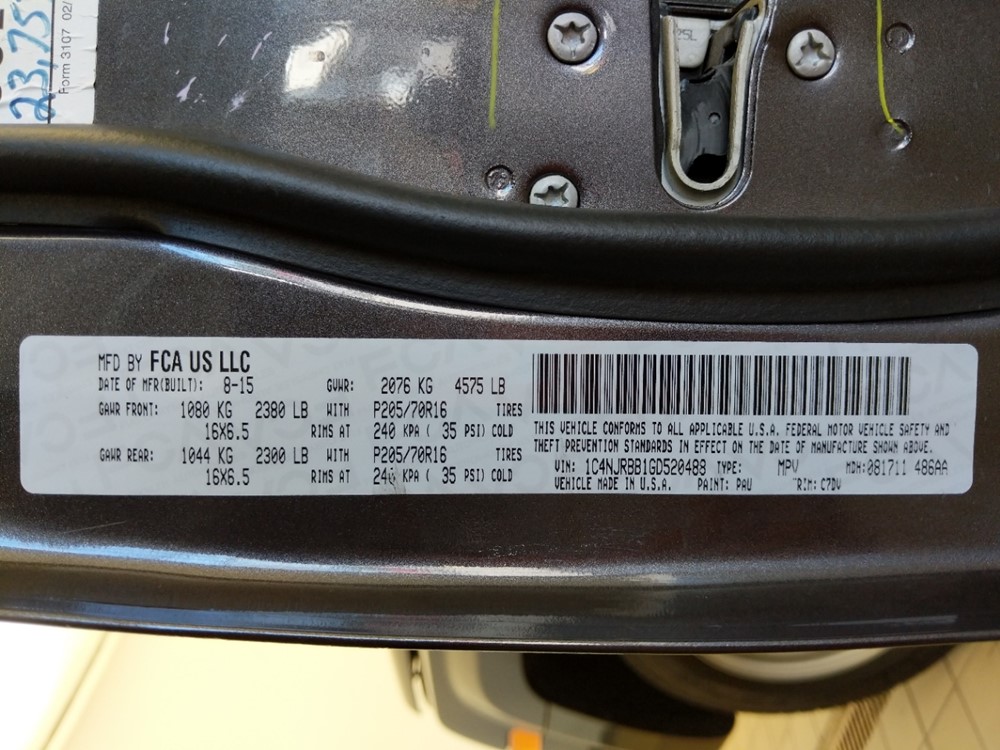 2016 Jeep Patriot - VIN Plate