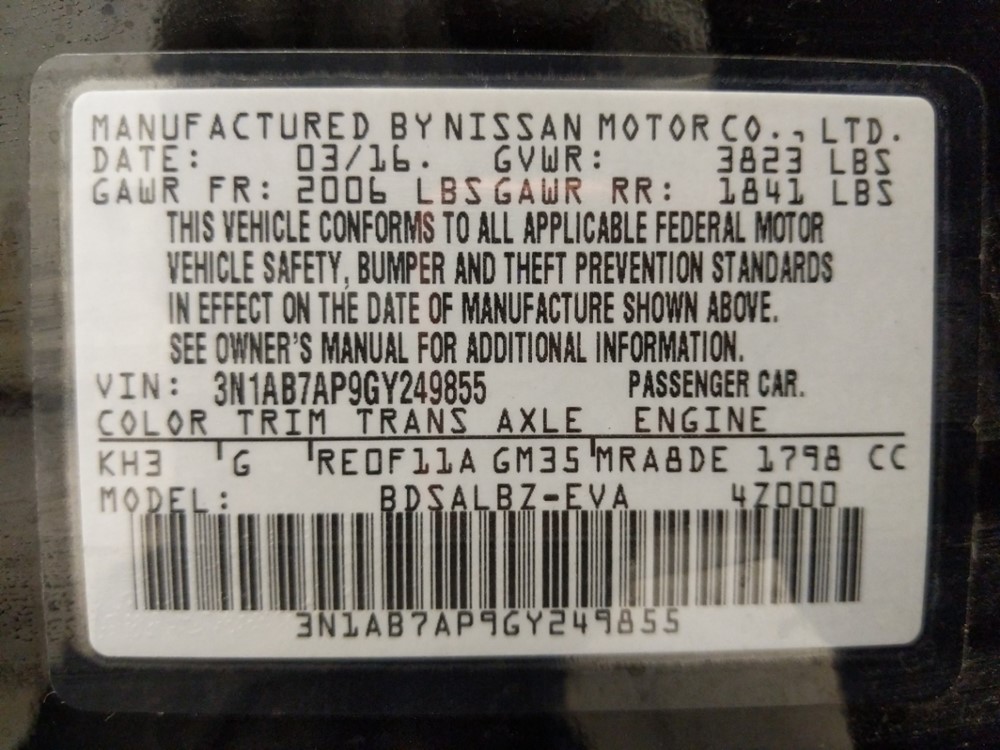 2016 Nissan Sentra - VIN Plate