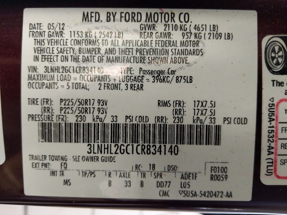 2012 Lincoln MKZ - VIN Plate