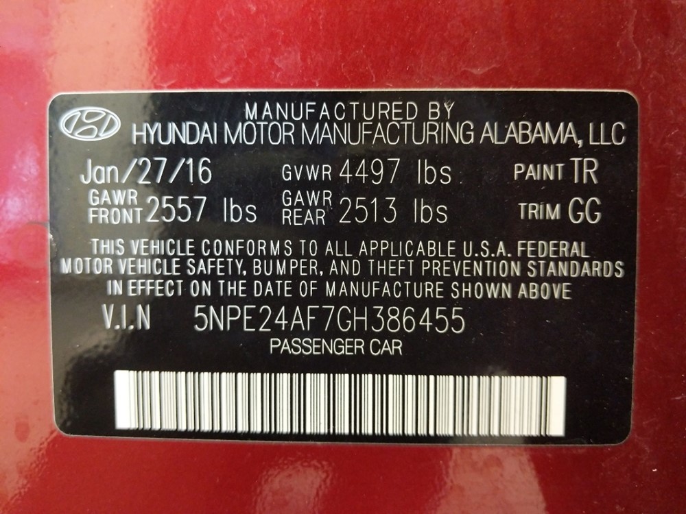 2016 Hyundai Sonata - VIN Plate