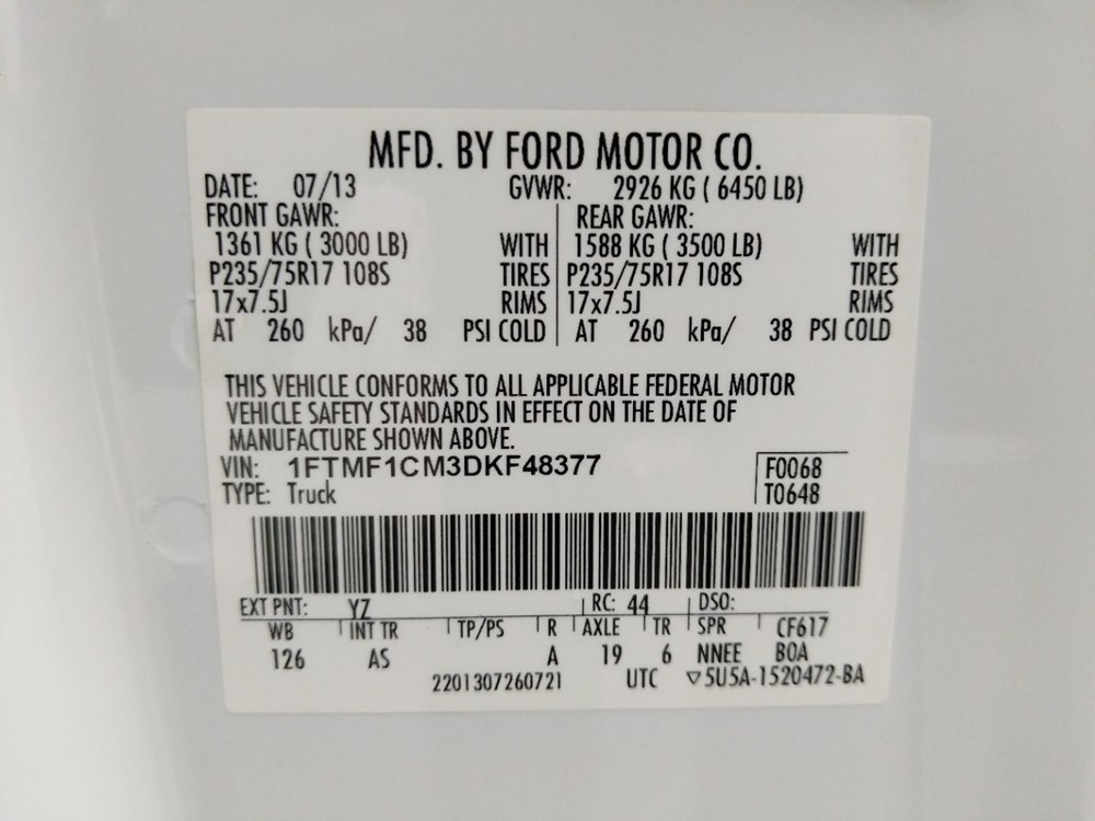 2013 Ford F-150 - VIN Plate