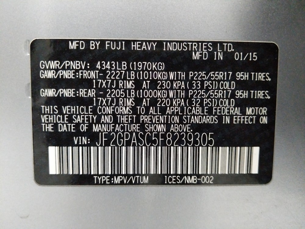 2015 Subaru XV Crosstrek - VIN Plate