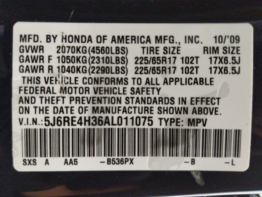 2010 Honda CR-V - VIN Plate