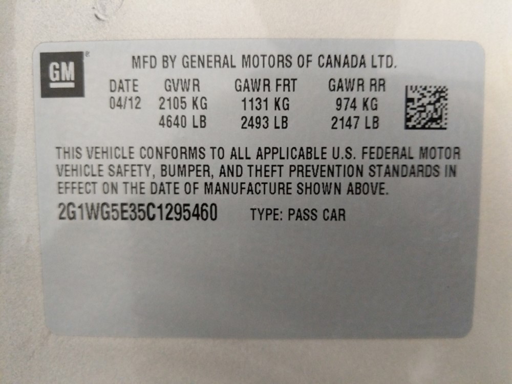 2012 Chevrolet Impala - VIN Plate