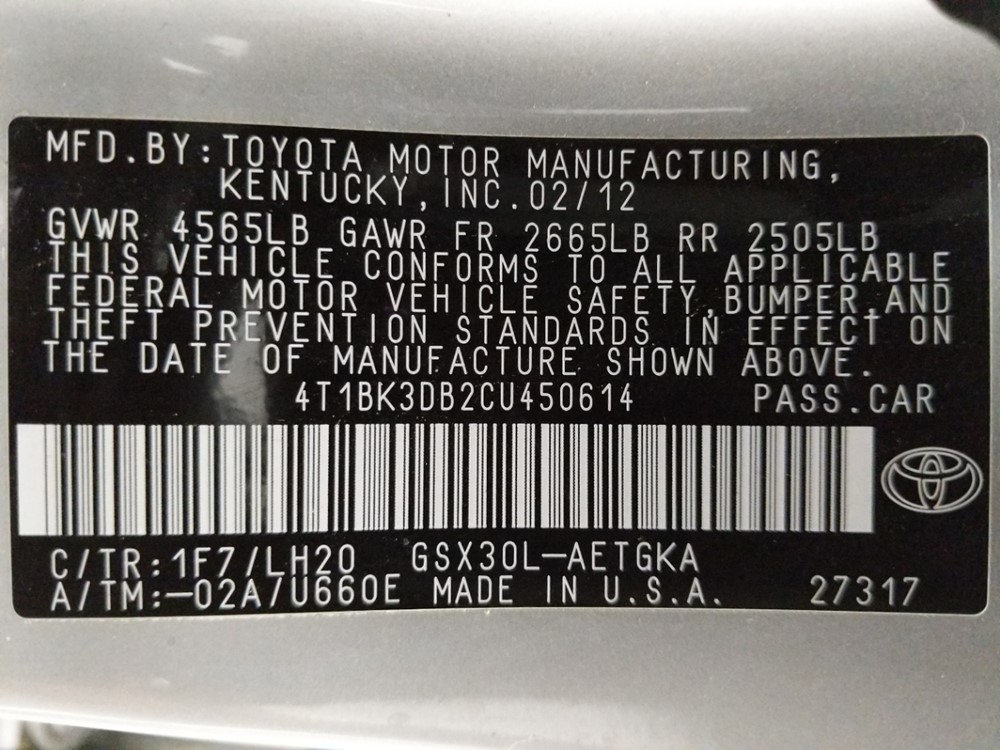 2012 Toyota Avalon - VIN Plate