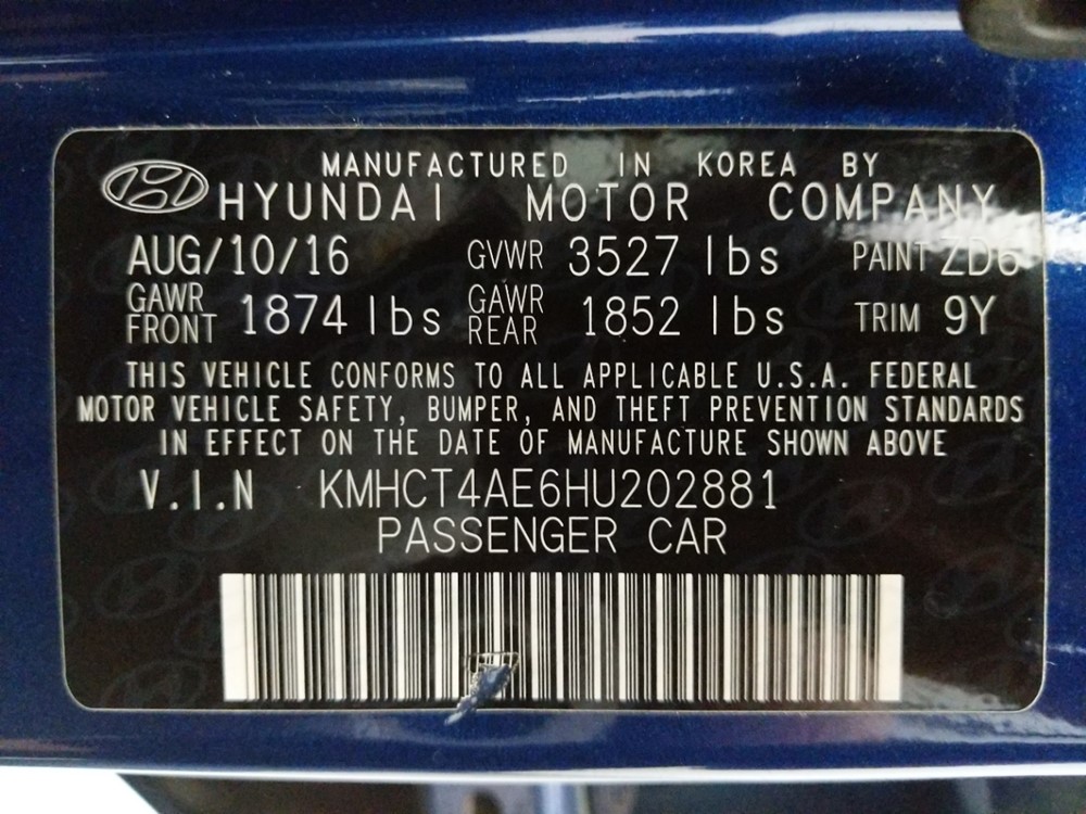 2017 Hyundai Accent - VIN Plate