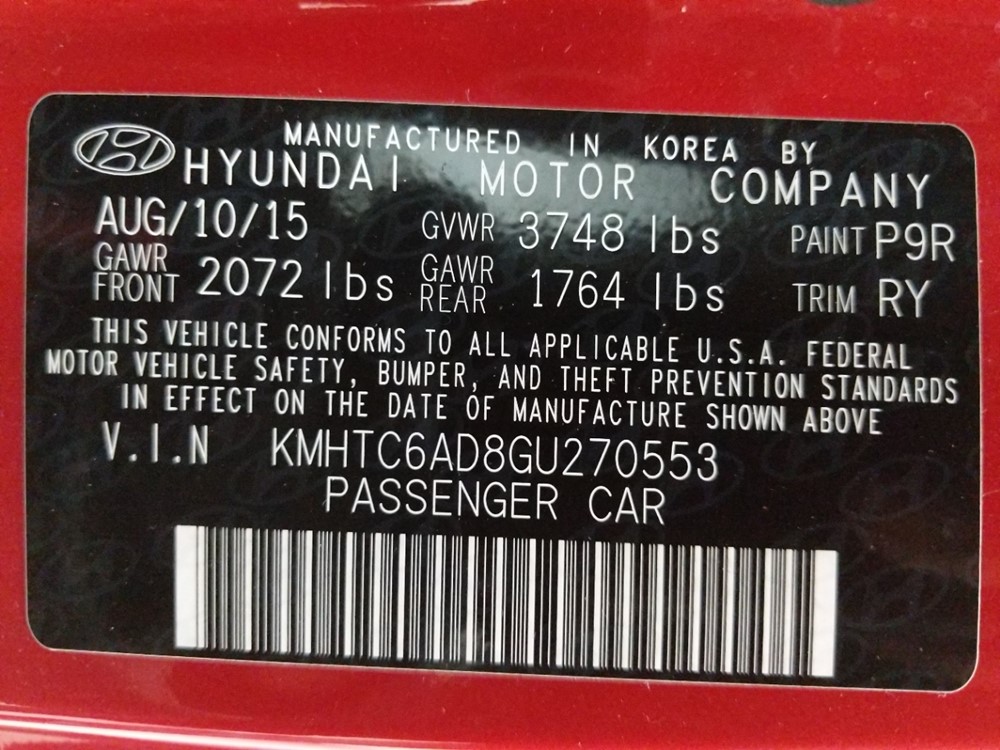 2016 Hyundai Veloster - VIN Plate