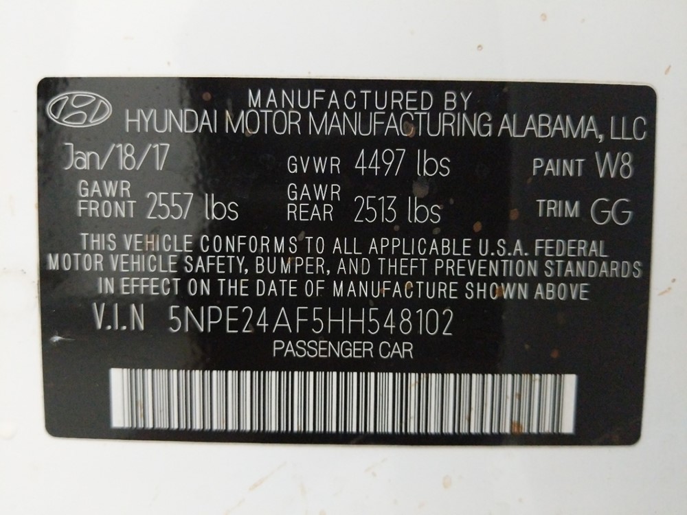 2017 Hyundai Sonata - VIN Plate